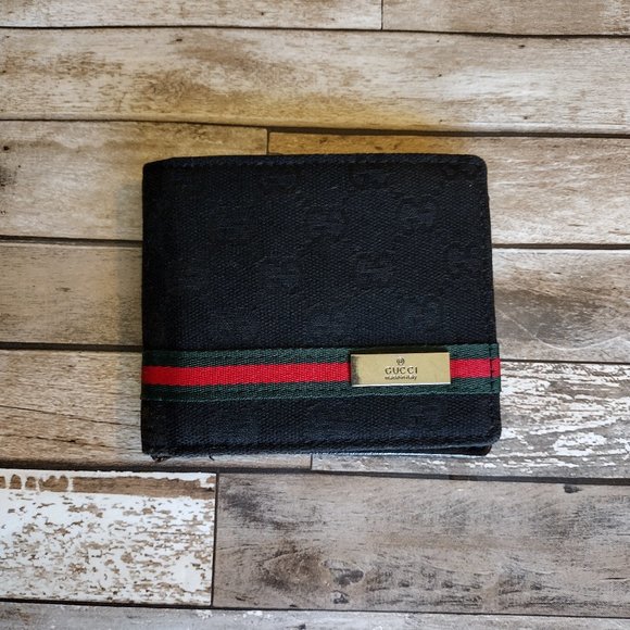 Gucci Other - Vintage Gucci Wallet Men's Black Canvas Leather Gold Metal Logo Plate Bifold